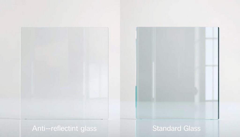 A side-by-side comparison of anti-reflective glass and standard glass, shot in a well-lit studio with a medium depth of field. The anti-reflective glass exhibits a clear, distortion-free surface with minimal glare, while the standard glass displays prominent reflections and distracting glare. The lighting is soft and diffused, creating an even illumination that highlights the contrasting properties of the two glass samples. The composition emphasizes the visual differences, allowing the viewer to clearly observe the improved visibility and reduced reflections offered by the anti-reflective glass.