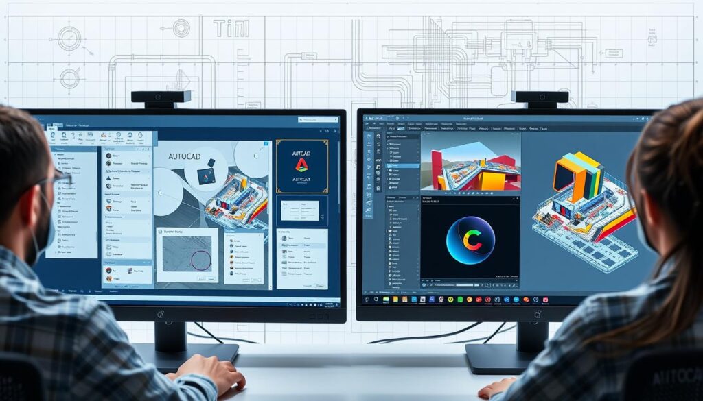 A side-by-side comparison of the user interfaces of AutoCAD and Civil 3D CAD software, showcased on a dual-screen workstation setup. In the foreground, a designer seamlessly navigates through the menus and tools of each application, showcasing the intuitive layout and customization options. In the middle ground, the contrasting UI elements and design philosophies of the two programs are highlighted, with clean lines, intuitive icons, and responsive interfaces. The background features a blueprint-like grid, giving the scene a technical, engineering-focused atmosphere. Bright, even lighting illuminates the workspace, emphasizing the clarity and attention to detail in both software suites. The overall composition conveys the key differences and similarities between the user experiences of AutoCAD and Civil 3D.