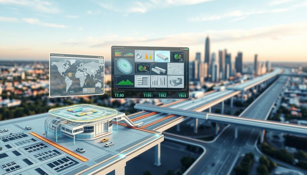 A sleek and modern civil engineering design software interface, showcasing advanced 3D visualization tools and real-time simulation capabilities. The foreground features a detailed rendering of a complex infrastructure project, with precision engineering diagrams and simulation data overlays. The middle ground displays various interactive design and analysis modules, while the background depicts a cityscape skyline, hinting at the software's ability to integrate seamlessly with urban planning workflows. Soft, directional lighting accentuates the clean, intuitive user experience, conveying a sense of cutting-edge technology empowering the civil engineering of the future.