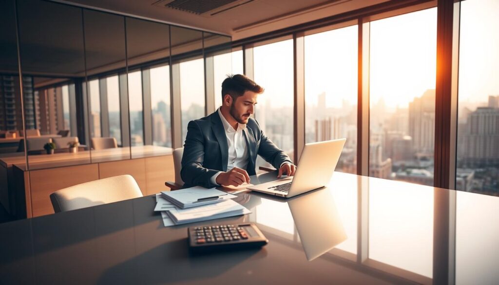 A sleek and modern office setting, with a large desk in the foreground. On the desk, a laptop, a stack of documents, and a calculator. The background features a floor-to-ceiling window overlooking a bustling city skyline, bathed in warm, golden lighting. In the middle ground, a well-dressed individual, likely a project manager, is seated at the desk, contemplating a graph or chart displayed on the laptop screen, expression thoughtful and focused. The atmosphere conveys a sense of professionalism and financial success, reflecting the high salary expectations associated with the project management role.