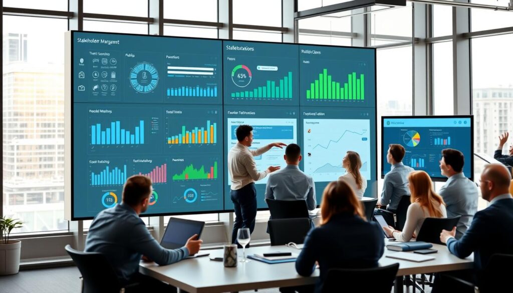 A sleek and modern office setting with an array of stakeholder management tools prominently displayed. In the foreground, a large digital dashboard showcases real-time metrics, analytics, and collaboration features. In the middle ground, a team of professionals engaged in lively discussions around a conference table, gesturing towards a wall-mounted interactive whiteboard. The background features floor-to-ceiling windows, allowing natural light to flood the space and create a sense of openness and transparency. The overall atmosphere is one of efficiency, collaboration, and a commitment to effective stakeholder engagement.