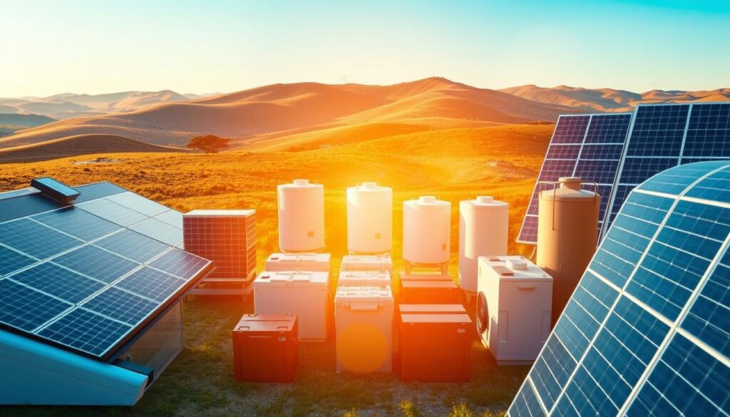 A sleek and modern solar energy technologies comparison. In the foreground, an array of different solar panel designs - rooftop, ground-mounted, and solar trackers - each showcasing their unique features and capabilities. In the middle ground, a variety of energy storage solutions like batteries and thermal storage tanks are displayed, highlighting their role in renewable energy systems. In the background, a serene landscape with rolling hills and a clear sky, bathed in warm, golden sunlight, symbolizing the abundant, clean power of the sun. The scene is captured with a crisp, high-resolution lens, conveying a sense of professionalism and technical expertise in the field of solar energy engineering.
