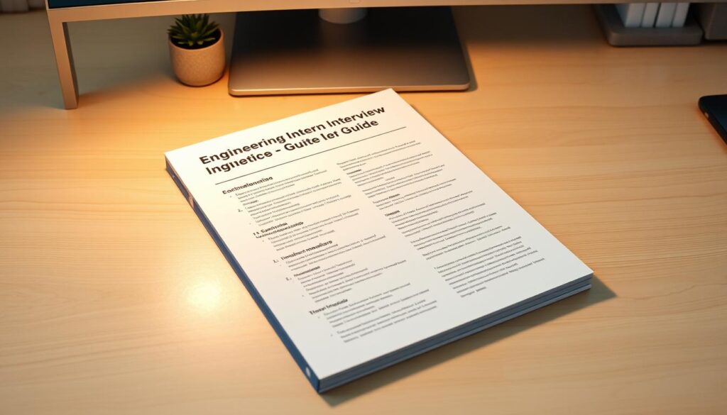 A sleek and professional-looking engineering intern interview guide, backlit by a warm glow, resting on a clean, minimalist desk. The guide has a modern, streamlined design, with sections and chapter titles clearly delineated. The desktop is made of a light-colored wood, creating a calm, organized atmosphere. A small potted plant or desk accessory adds a touch of natural elements to the scene. The image is captured from a slightly elevated angle, giving a sense of authority and importance to the guide. The lighting is soft and diffused, creating a subtle, focused mood perfect for research and preparation.
