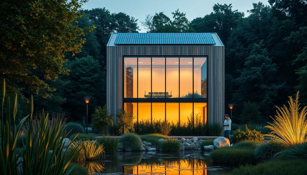 A sleek, energy-efficient building with a modern, minimalist design stands tall against a backdrop of lush greenery. The facade features floor-to-ceiling windows that allow natural light to flood the interior, reducing the need for artificial lighting. The building's rooftop is adorned with solar panels, harnessing the sun's renewable energy to power the structure. In the foreground, a well-manicured garden with native plants and a serene pond create a tranquil, eco-friendly atmosphere. The scene is illuminated by warm, diffused lighting, casting a soft glow on the sustainable materials used throughout the construction, such as recycled wood and energy-efficient insulation. The overall composition conveys a sense of harmony between architecture and nature, embodying the principles of sustainable, low-carbon infrastructure.