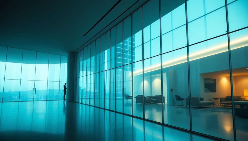 A sleek, futuristic architectural interior featuring a wall-to-wall expanse of advanced anti-reflective glass. The glass panels appear seamless, with a subtle shimmer and a barely perceptible surface texture. Soft, diffused lighting filters through the glass, creating a warm, inviting ambiance. The glass reflects the surrounding environment, blending harmoniously with the modern, minimalist decor. Visible through the glass are hints of a technologically-advanced world beyond, suggesting innovative applications of this cutting-edge material. The overall scene conveys a sense of sophistication, efficiency, and a glimpse into the future of sustainable architectural design.