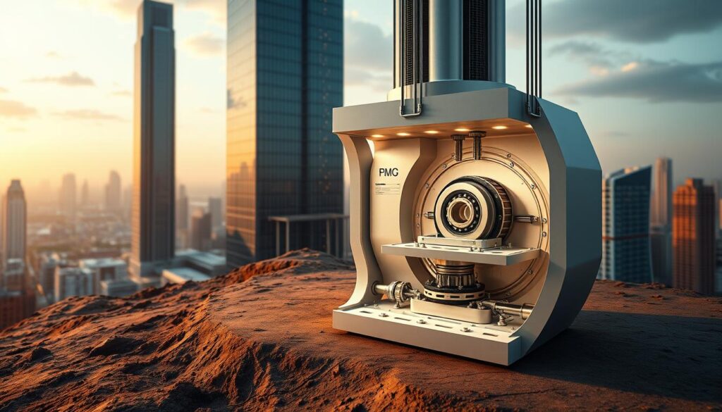 A sleek, futuristic base isolator system, with a focus on its key components and functionality. The foreground features a cutaway view, showcasing the intricate mechanisms that enable seismic isolation - spherical bearings, elastomeric pads, and dampers, all rendered in high detail. The middle ground presents the base isolator in context, integrated seamlessly into the foundation of a modern skyscraper. The background depicts a cityscape, hinting at the broader urban environment where this earthquake-resistant technology is employed, bathed in warm, diffused lighting to convey a sense of safety and resilience. The overall composition emphasizes the advanced engineering and practical benefits of base isolators in earthquake-prone regions.