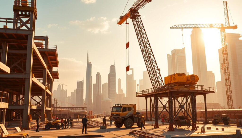 A sleek, futuristic construction site bathed in warm, golden light. In the foreground, a towering crane effortlessly lifts steel beams, its mechanical precision juxtaposed with the bustling activity of workers below. In the middle ground, robotic exoskeletons and autonomous vehicles seamlessly collaborate, streamlining the construction process. In the background, a skyline of gleaming, technologically-advanced buildings emerges, a testament to the power of innovation and engineering. The scene exudes a sense of progress, efficiency, and the boundless potential of construction technology.