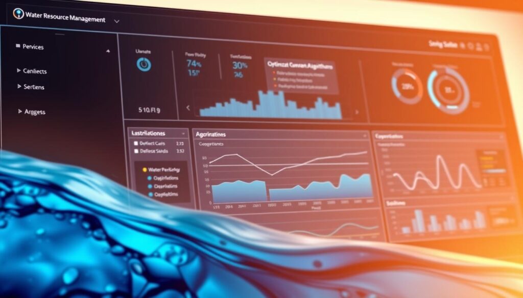 A sleek, intuitive dashboard for water resource management software. In the foreground, a stylized visualization of water flow and distribution data, rendered in shades of blue and teal. In the middle ground, a series of interactive charts and graphs, showcasing key performance indicators and optimization algorithms. The background features a minimalist user interface, with clean lines and subtle gradients, creating a sense of technological sophistication. Warm, directional lighting casts a subtle glow, enhancing the depth and dimensionality of the scene. The overall composition conveys a balance of functionality and aesthetic appeal, reflecting the advanced capabilities of this industry-leading water engineering solution.