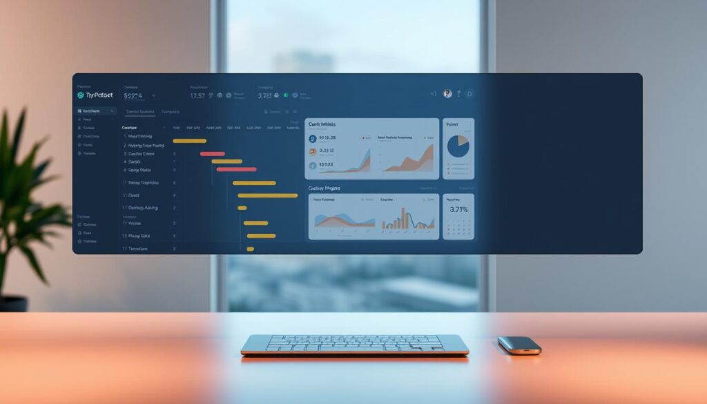 A sleek, intuitive project management software interface hovers above a clean, minimalist workspace. In the foreground, a Gantt chart displays task timelines and progress, bathed in warm, directional lighting. In the middle ground, a dashboard tracks key metrics and analytics, while customizable widgets showcase resource allocation and team workloads. The background fades into a softly blurred landscape, suggesting a serene, focused environment conducive to productivity. The overall aesthetic conveys a sense of control, efficiency, and clarity - essential qualities for effective project monitoring and management.