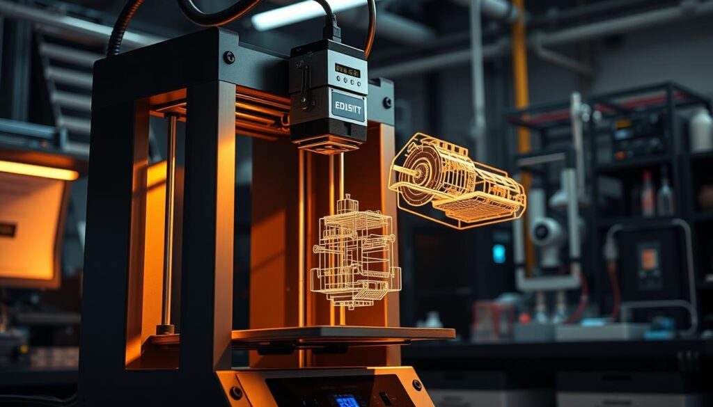 A sleek, metallic 3D printer stands prominently in the foreground, its extruder nozzle poised to begin a new creation. The printer is illuminated by warm, directional lighting, casting dramatic shadows and highlighting its intricate mechanisms. In the middle ground, a detailed 3D model of an engineering component hovers, its wireframe structure and intricate details visible. The background depicts a futuristic, high-tech laboratory setting, with various scientific instruments and equipment suggesting the breadth of possibilities enabled by this cutting-edge technology. The overall scene conveys a sense of innovation, precision, and the intersection of design and manufacturing.
