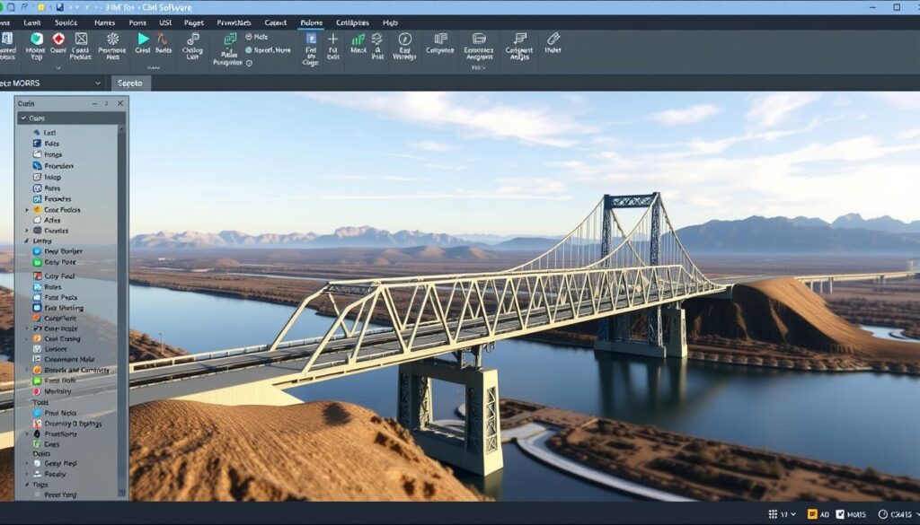 A sleek, modern BIM software interface for civil engineering, showcasing a detailed 3D model of a bridge structure. The foreground displays various tools and menus, highlighting the software's powerful modeling, analysis, and collaboration capabilities. The middle ground features the bridge model, rendered with intricate details and realistic textures, conveying the level of precision and accuracy that BIM software provides. The background depicts a serene landscape, with mountains and a river, setting the scene for a large-scale civil engineering project. The overall atmosphere is professional, technologically advanced, and focused on the transformative power of BIM in the construction industry.