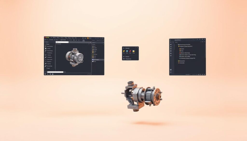 A sleek, modern CAD software interface floats in a clean, minimalist environment. The foreground displays a 3D mechanical design model, meticulously detailed with precision engineering components. In the middle ground, floating toolbars and menus offer a range of customization options, inviting the user to explore the software's powerful features. The background subtly fades into a soft, neutral tone, allowing the focus to remain on the design process. Warm, directional lighting casts subtle shadows, creating depth and emphasizing the solidity of the 3D model. The overall atmosphere conveys a sense of technological sophistication and the joy of designing with state-of-the-art CAD tools.