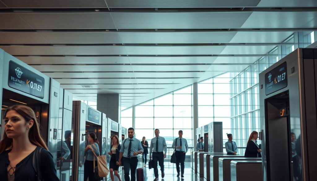 A sleek, modern airport security checkpoint with state-of-the-art screening equipment. The foreground features travelers calmly passing through high-tech metal detectors and full-body scanners, their faces serene yet alert. The middle ground showcases airport personnel in crisp uniforms efficiently guiding the flow of passengers. In the background, the architecture is minimalist and geometric, with clean lines, neutral tones, and abundant natural light filtering in through floor-to-ceiling windows. The overall mood is one of controlled order, designed to instill a sense of safety and security while maintaining a pleasant travel experience.