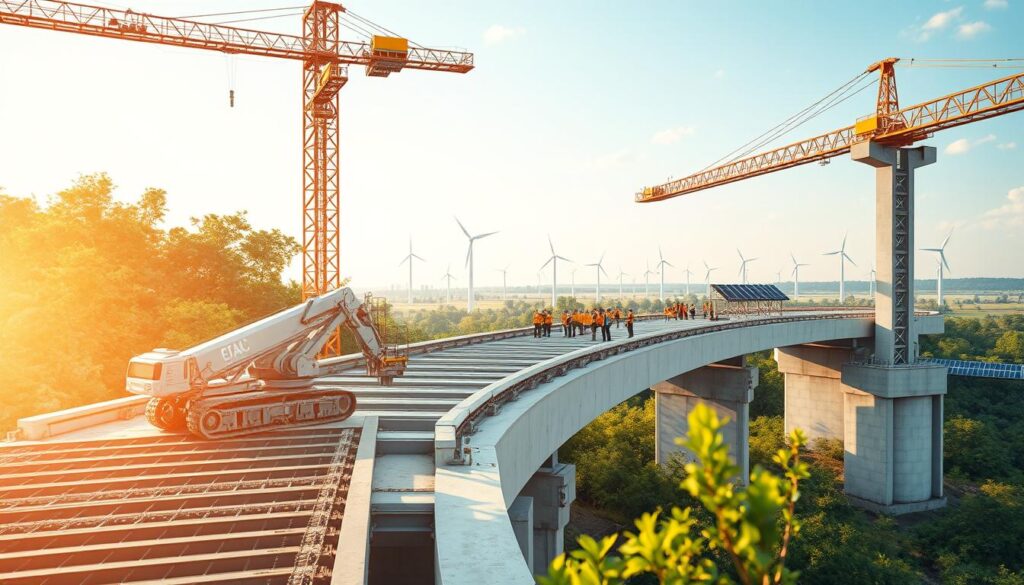 A sleek, modern bridge construction site nestled in a serene, sustainable landscape. In the foreground, robotic construction equipment meticulously lays recycled steel beams and reinforced concrete, guided by a network of sensors and AI-powered optimization algorithms. In the middle ground, teams of engineers and technicians monitor the progress on holographic displays, adjusting parameters in real-time. The background is framed by lush greenery, with solar panels and wind turbines harnessing renewable energy to power the entire operation. Warm, diffused lighting casts a hopeful glow, symbolizing the bridge's role in connecting communities while minimizing environmental impact.