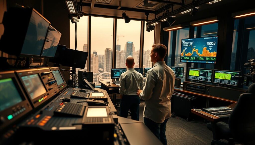 A sleek, modern broadcast studio interior bathed in warm, energy-efficient LED lighting. In the foreground, an array of state-of-the-art broadcasting equipment, their glossy black and silver surfaces reflecting the glow. In the middle ground, a technician dressed in a crisp, sustainable uniform monitors a series of displays, examining energy consumption metrics. The background features floor-to-ceiling windows overlooking a cityscape, emphasizing the studio's commitment to sustainable practices. The overall atmosphere is one of technological innovation and environmental responsibility, capturing the essence of "Sustainable Practices in Broadcast Engineering".
