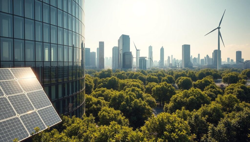 A sleek, modern building surrounded by a vibrant green landscape, showcasing cutting-edge energy-efficient technologies. In the foreground, solar panels seamlessly integrated into the facade, capturing the sun's rays. In the middle ground, wind turbines gracefully spin, harnessing the power of the wind. The background features a cityscape of towering skyscrapers, all designed with energy-efficient windows and insulation. Warm, natural lighting filters through the scene, creating a serene and sustainable atmosphere. The image conveys a future where advanced building technologies work in harmony with the environment, leading the way towards a more energy-efficient future.