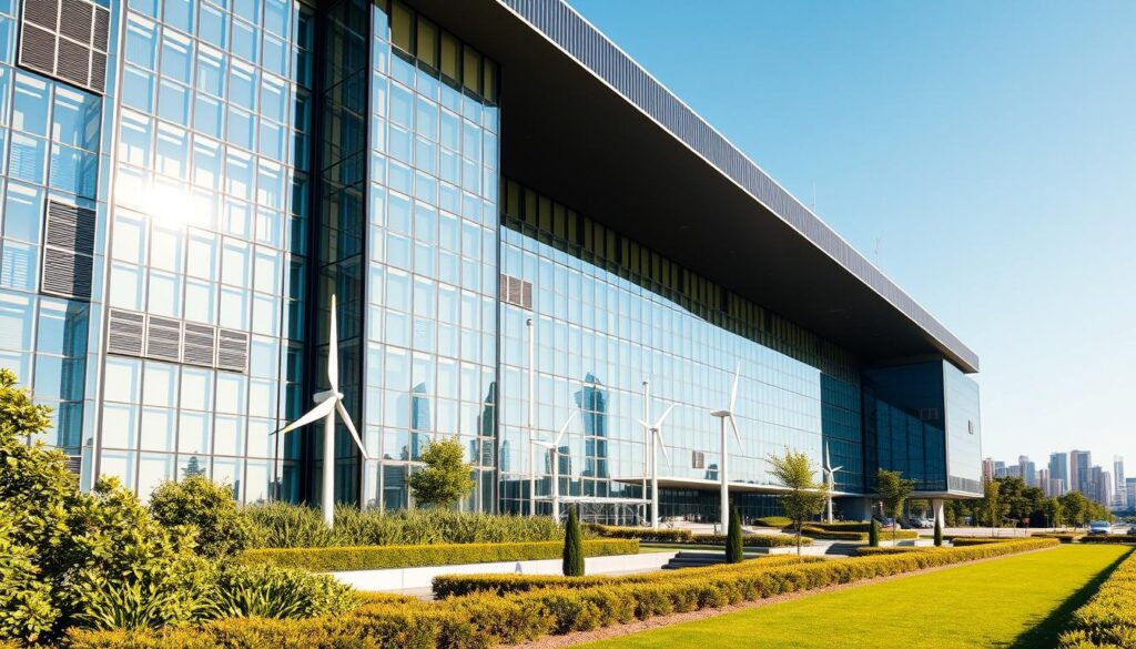 A sleek, modern building with a prominent glass facade, bathed in warm, natural light. The structure's exterior features solar panels and wind turbines, showcasing innovative energy-saving technologies seamlessly integrated into the design. In the foreground, a well-manicured landscape with lush greenery and strategically placed water features reflect the building's commitment to sustainable infrastructure. The middle ground reveals a bustling city skyline, highlighting the impact of energy-efficient design on the urban landscape. The background is a clear, azure sky, creating a sense of harmony and environmental consciousness.