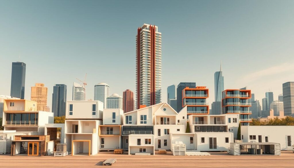 A sleek, modern cityscape with various types of modular construction displayed in the foreground. In the middle ground, a collection of modular building components, including prefabricated walls, floors, and roofs, showcasing the versatility and customizability of modular design. In the background, a towering skyscraper made up of interconnected modular units, demonstrating the scalability of this construction method. The scene is illuminated by warm, natural lighting, casting soft shadows and highlighting the clean lines and precise engineering of the modular structures. The overall atmosphere conveys a sense of innovation, efficiency, and the future of sustainable, adaptable building solutions.