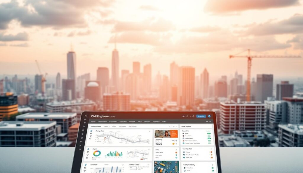 A sleek, modern civil engineering app interface showcasing essential features. In the foreground, a clean dashboard displaying project management tools, design schematics, and real-time site data. In the middle ground, intuitive navigation menus and collaboration tools. The background features a city skyline with construction sites, conveying the app's practical application. Soft, directional lighting creates depth and highlights the app's intuitive user experience. Captured with a wide-angle lens to encompass the comprehensive suite of civil engineering functionalities.