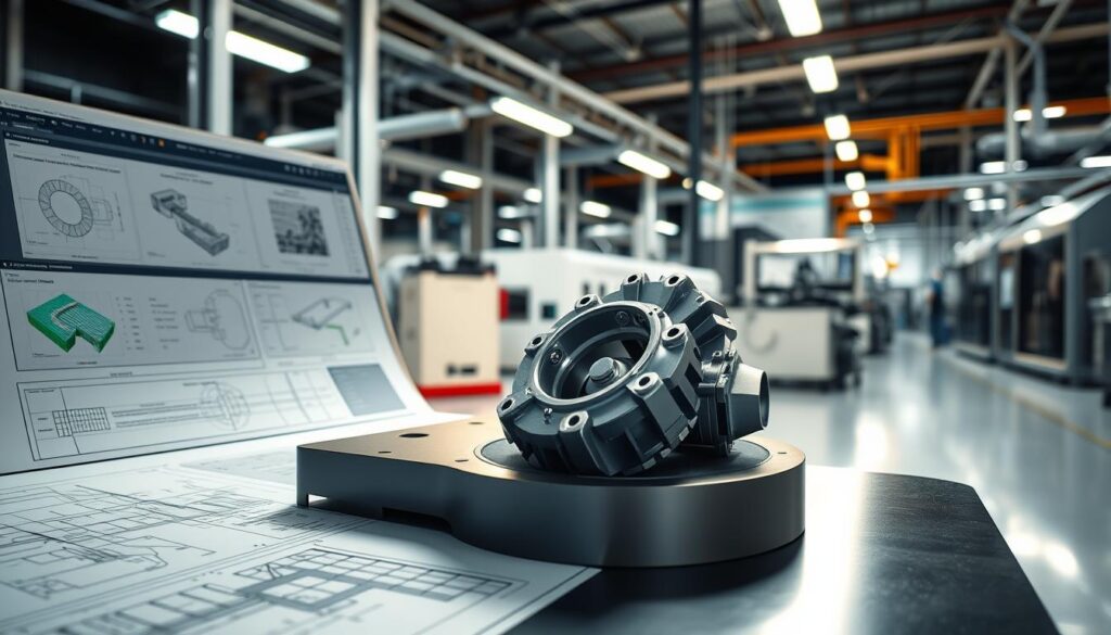 A sleek, modern computer-aided manufacturing (CAM) software interface, showcasing advanced 3D modeling tools, toolpath simulation, and precise manufacturing data. The foreground displays detailed engineering drawings, seamlessly integrated with the software's intuitive user experience. The middle ground features a high-resolution 3D model of a complex mechanical part, rotating effortlessly as the software optimizes the manufacturing process. In the background, a state-of-the-art manufacturing facility comes into view, with gleaming machinery and efficient workflows, all powered by the powerful CAM software. Soft, directional lighting illuminates the scene, conveying a sense of precision, control, and technological advancement.