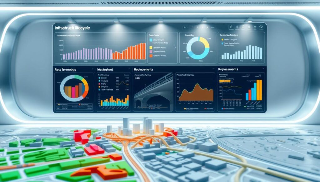 A sleek, modern data visualization dashboard displaying insights from an infrastructure lifecycle analysis system. In the foreground, a detailed 3D model of a city's transportation network, with color-coded sections indicating various stages of the infrastructure lifecycle. In the middle ground, charts and graphs present key metrics like asset condition, maintenance history, and projected replacement timelines. The background features a clean, minimalist design with subtle metallic accents, creating a high-tech, futuristic atmosphere. Soft, directional lighting illuminates the dashboard, highlighting the precision and sophistication of the technology.