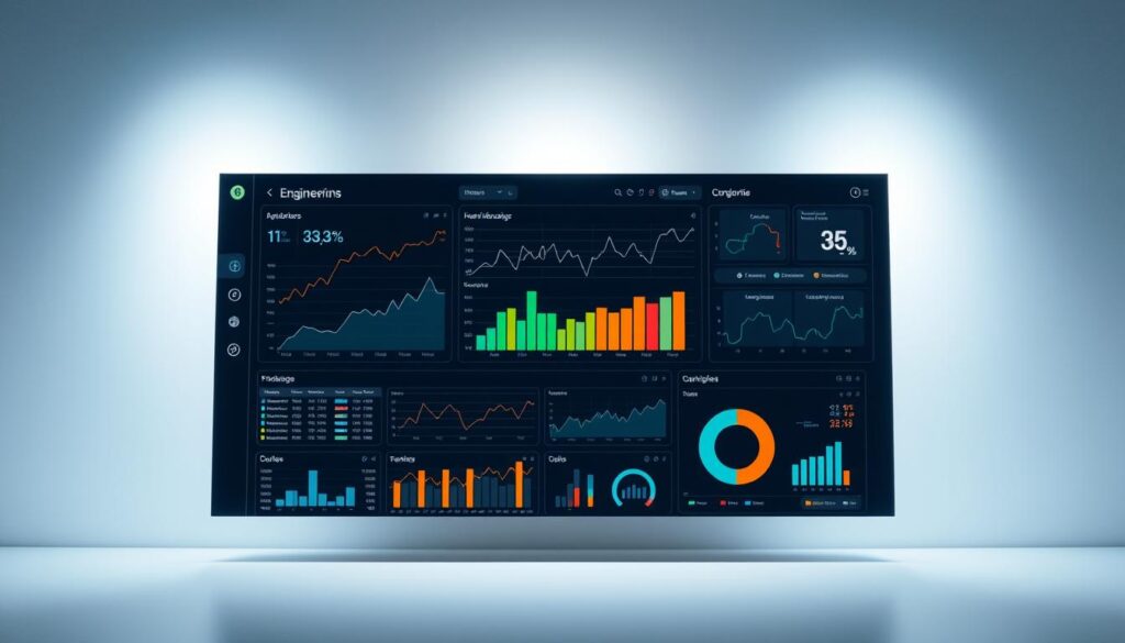 A sleek, modern data visualization dashboard illuminated by soft, directional lighting, set against a clean, minimalist background. In the foreground, a series of interactive data visualizations - line charts, bar graphs, and pie charts - displaying real-time engineering metrics and performance indicators. The dashboard's interface is intuitive and responsive, with smooth transitions between screens. The overall atmosphere conveys a sense of clarity, efficiency, and the power of data-driven decision making.