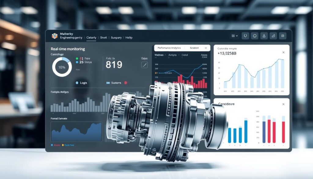 A sleek, modern engineering dashboard software interface, featuring an intuitive layout with clear data visualizations. Soft lighting highlights the clean, minimalist design, with a neutral color palette and crisp typography. The dashboard showcases real-time monitoring metrics, performance analytics, and customizable widget panels. In the foreground, a 3D model of a complex mechanical system rotates seamlessly, while the background blurs into a professional, office-like environment. The overall impression is one of sophisticated, enterprise-grade engineering management tools that empower users to make informed, data-driven decisions.