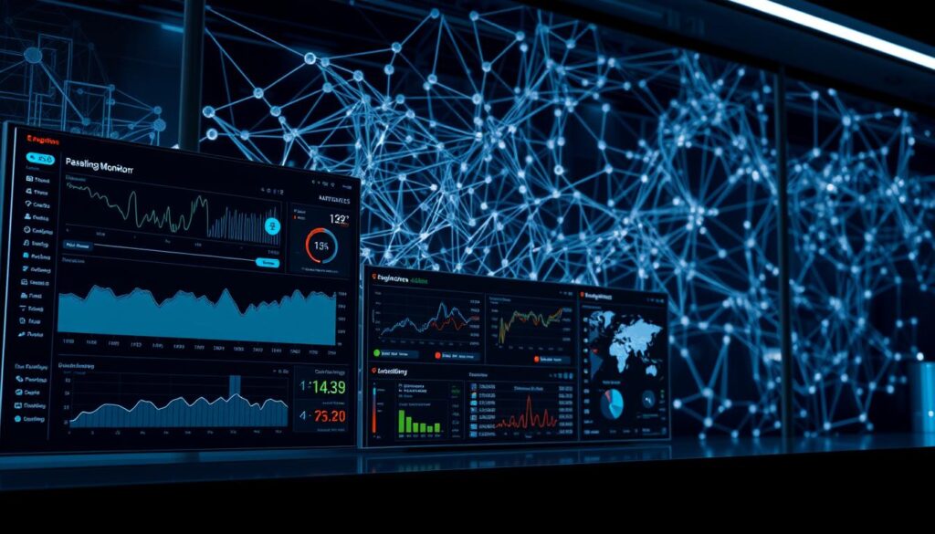A sleek, modern engineering monitoring dashboard interface seamlessly integrates various data sources. In the foreground, a large interactive display shows real-time performance metrics, status indicators, and anomaly alerts. Subtle lighting casts a professional glow, while the middle ground features a series of smaller panels with drill-down analysis tools. In the background, a complex web of interconnected systems and services is visualized, conveying the comprehensive integration of this robust monitoring solution. The overall atmosphere is one of efficiency, control, and data-driven decision-making, befitting the needs of a dynamic engineering organization.