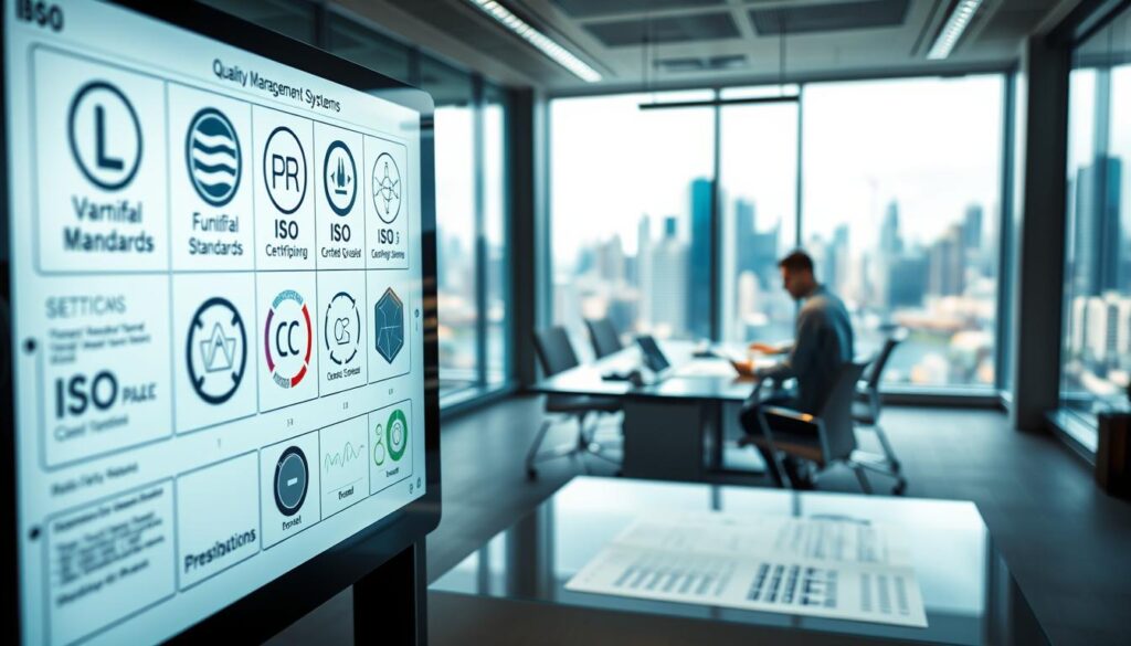 A sleek, modern engineering office with a focus on quality management systems. The foreground features a large touchscreen display showing various ISO certification standards and process control diagrams. In the middle ground, engineers collaborate around a conference table, scrutinizing detailed schematics and technical specifications. The background showcases a panoramic view of a bustling city skyline, emphasizing the importance of these systems in the broader context of regulatory compliance and risk mitigation. The lighting is warm and professional, with a subtle depth of field to draw the viewer's attention to the central focus. The overall atmosphere conveys a sense of precision, diligence, and a commitment to upholding the highest standards of engineering excellence.