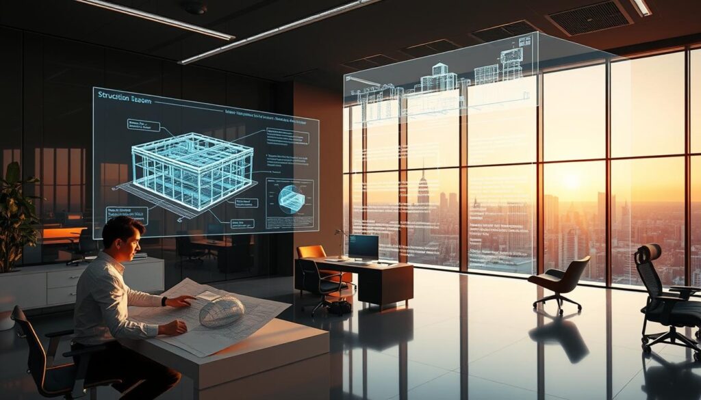 A sleek, modern engineering office with an expansive holographic display showcasing the advanced features of STAAD Pro software. In the foreground, an architect meticulously manipulates a 3D structural model, surrounded by a minimalist workspace and ergonomic furniture. The middle ground features a larger-than-life hologram, projecting detailed visualizations of structural analysis, load calculations, and optimization techniques. In the background, a panoramic city skyline is visible through floor-to-ceiling windows, bathed in warm, ambient lighting that creates a serene, productive atmosphere. The scene conveys the power and sophistication of STAAD Pro's advanced analysis capabilities, inspiring continuous learning and unlocking the structural design potential of the user.