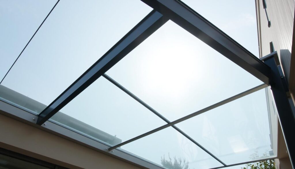 A sleek, modern glass canopy design with a transparent, minimalist appearance. The canopy structure features clean lines and a geometric, angular aesthetic, creating a visually striking and functional architectural element. Sunlight filters through the glass panels, casting a warm, natural glow and creating a sense of openness and airiness. The canopy is elevated on slim, metallic supports, giving it a lightweight, suspended look. The overall design seamlessly blends form and function, highlighting the advantages of a glass canopy - its ability to provide shelter while maintaining a sense of connection to the outdoors.