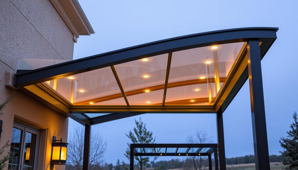 A sleek, modern glass canopy with a custom design, illuminated by warm, subtle lighting that casts a cozy glow. The canopy's frame features clean, minimalist lines, expertly crafted from high-quality materials. In the foreground, intricate metalwork patterns create a visually captivating and functional design, complementing the glass panels. The middle ground showcases the canopy's seamless integration with the surrounding architecture, blending effortlessly. In the background, a serene, natural landscape provides a tranquil backdrop, emphasizing the canopy's role as a harmonious architectural element.