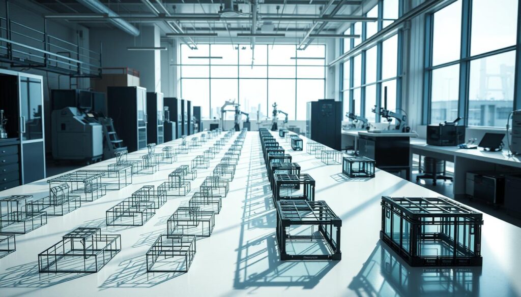 A sleek, modern glass engineering laboratory. Rows of intricate glass structures and prototypes occupy the foreground, casting intricate shadows on the pristine white workbenches. The middle ground features specialized equipment and tools used for testing, measuring, and analyzing the glass materials. In the background, floor-to-ceiling windows allow natural light to flood the space, creating a bright, airy atmosphere. Subtle ambient lighting illuminates the scene, highlighting the complexity and precision of the glass engineering process. The overall mood conveys a sense of innovation, problem-solving, and technical excellence.