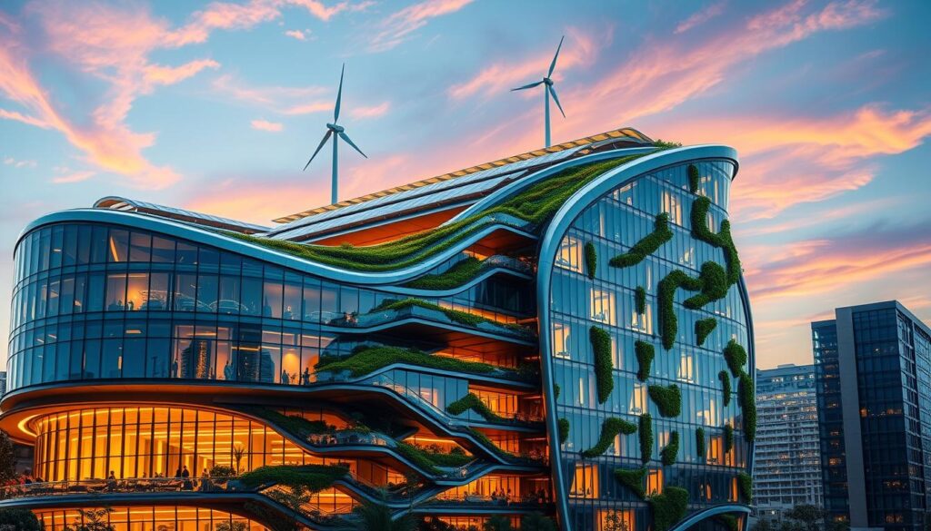 A sleek, modern green building with curved glass facades and metallic accents, illuminated by warm, natural lighting. Cascading green terraces and gardens adorn the exterior, seamlessly blending with the surrounding environment. Innovative solar panels and wind turbines harness renewable energy, powering the building's sustainable systems. The structure's bold, angular design and intricate geometric patterns create a striking, futuristic silhouette against a vibrant, azure sky. Convey a sense of technological progress and environmental harmony, showcasing the potential of green building engineering.
