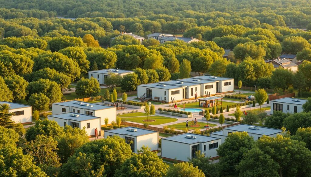 A sleek, modern housing complex nestled amidst a lush, verdant landscape. In the foreground, energy-efficient modular units with clean lines and adaptive floor plans, designed to maximize space and affordability. The middle ground features communal green spaces, playgrounds, and shared amenities that foster a sense of community. In the background, a technologically advanced sustainable infrastructure powers the entire development, with solar panels, green roofs, and smart home integration. Warm, diffused lighting illuminates the scene, creating a welcoming and inviting atmosphere. The overall composition conveys a vision of cost-effective, environmentally conscious, and socially integrated housing solutions.