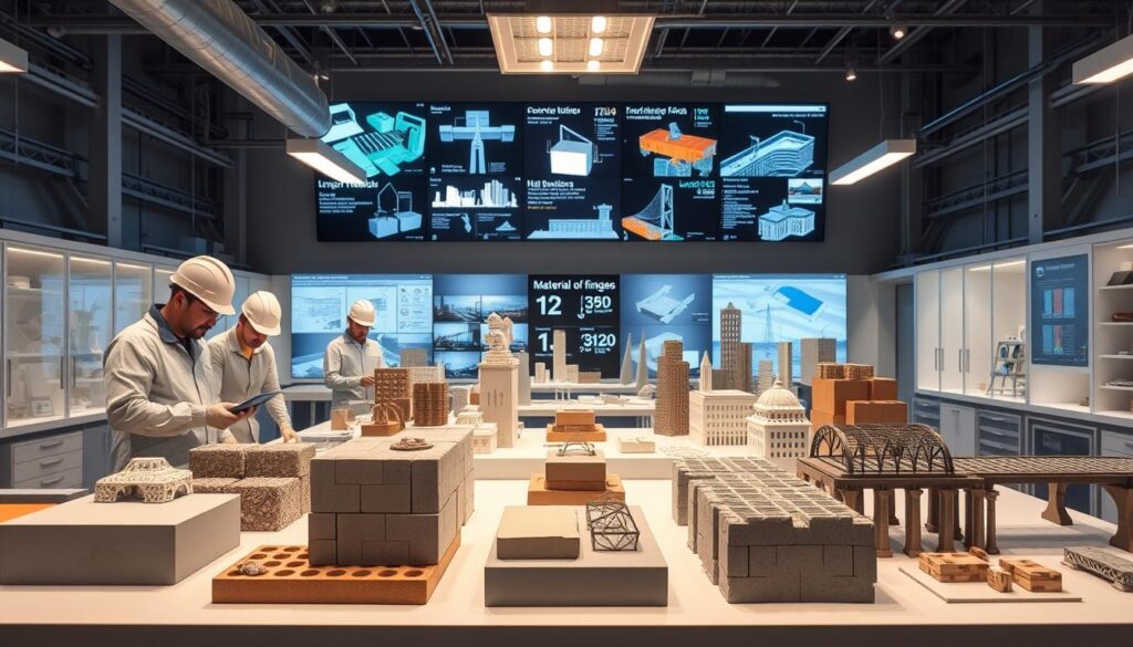 A sleek, modern laboratory setting with an array of cutting-edge civil engineering materials and equipment. In the foreground, a group of engineers in protective gear examine samples of innovative concrete mixtures, smart bricks, and high-performance steel alloys under the warm glow of task lighting. In the middle ground, 3D-printed scale models of bridges, buildings, and infrastructure projects stand as testaments to these material breakthroughs. The background features a wall of digital displays showcasing data visualizations, simulations, and test results that validate the superior performance and sustainability of these novel civil engineering materials. A sense of scientific rigor, technological progress, and a vision for the future of infrastructure pervades the scene.