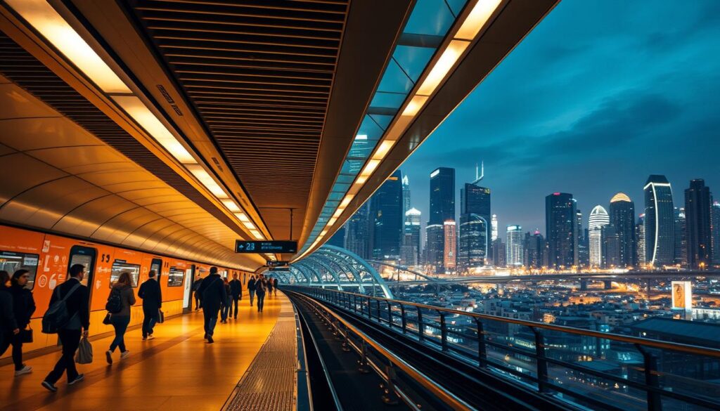 A sleek, modern metro station nestled amidst a bustling city skyline. The platform is bathed in warm, directional lighting, guiding passengers through the efficient transit system. In the foreground, commuters move with purpose, their silhouettes captured in dynamic motion. The middle ground showcases the intricate engineering of the station's architecture, featuring clean lines, seamless integration of technology, and intuitive wayfinding. The background panorama reveals the city's vibrant energy, skyscrapers and infrastructure working in harmony to create a thriving, connected urban landscape. This image embodies the benefits of metro engineering - a vision of streamlined transportation, innovative design, and a sustainable, future-ready metropolis.