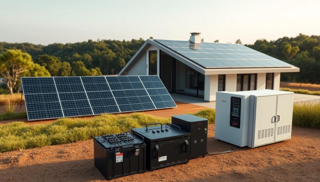 A sleek, modern off-grid solar system design with an array of high-efficiency photovoltaic panels arranged neatly on a gently sloping roof. In the foreground, a battery bank and power inverter system are meticulously laid out, their intricate components visible. The middle ground showcases the elegant, streamlined architecture of the home, its clean lines and large windows optimized for passive solar gain. In the background, a lush, verdant landscape provides a natural backdrop, hinting at the system's integration with the environment. The lighting is soft and diffused, casting a warm, inviting glow over the entire scene. The overall mood is one of technological sophistication and environmental harmony.