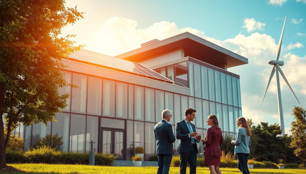 A sleek, modern office building with solar panels on the roof, surrounded by lush greenery and a wind turbine in the background. The building's facade is made of glass and steel, reflecting the sky and clouds. In the foreground, a group of professionals in business attire are discussing financial documents, highlighting the sustainable financing aspect. Warm, natural lighting illuminates the scene, creating a sense of optimism and progress towards a sustainable future.