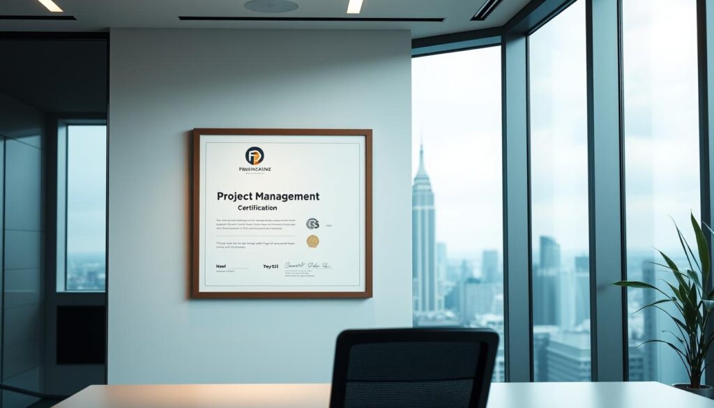 A sleek, modern office interior with a large project management certification certificate prominently displayed on the wall. The certificate is framed in a clean, minimalist design, with the organization's logo and the words "Project Management Certification" in a bold, professional font. The lighting is soft and diffused, creating a warm, inviting atmosphere. The background features a large window overlooking a city skyline, with a desk and ergonomic chair in the foreground, suggesting a productive and focused workspace. The overall scene conveys a sense of accomplishment, professionalism, and a commitment to continuous learning and development in the field of project management.