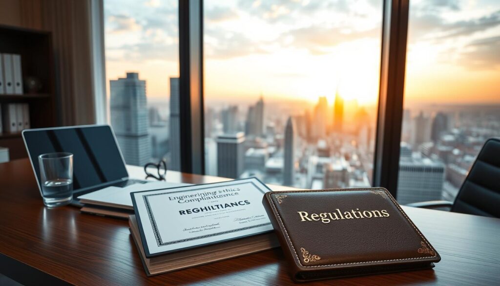 A sleek, modern office interior with a large window overlooking a bustling cityscape. In the foreground, a polished wooden desk holds a laptop, a stack of files, and a glass of water. Atop the desk, a framed certificate prominently displays the words "Engineering Ethics Compliance". The middle ground features a leather-bound book with "Regulations" embossed on the cover, accompanied by a tablet displaying regulatory guidelines. In the background, the city skyline is illuminated by a warm, golden sunset, conveying a sense of diligence and responsibility within the engineering profession.
