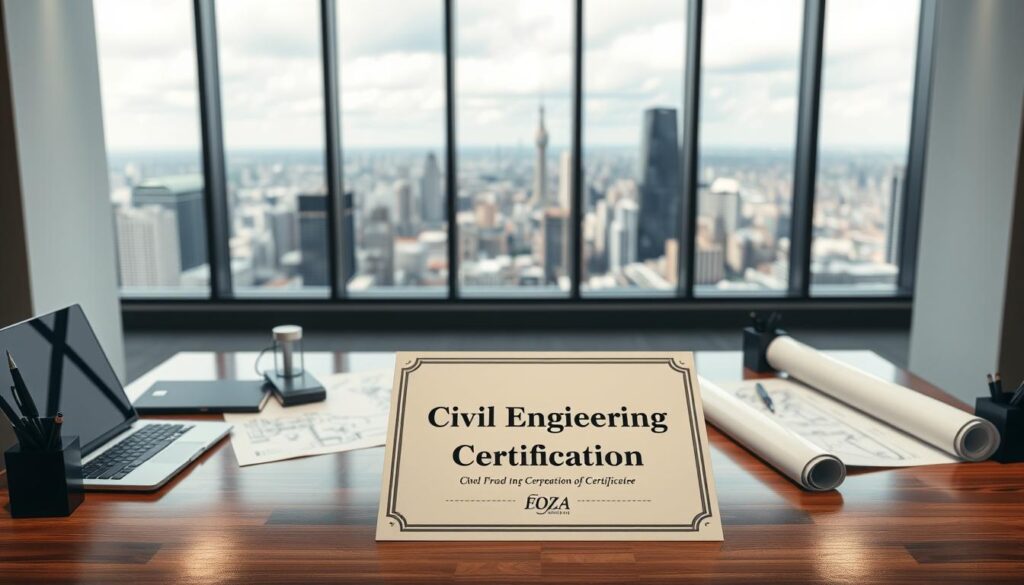 A sleek, modern office interior with a professional atmosphere. In the foreground, a certificate emblazoned with the words "Civil Engineering Certification" is prominently displayed on a polished wooden desk, surrounded by architectural blueprints, a laptop, and a pen holder. In the middle ground, a floor-to-ceiling window offers a panoramic view of a bustling cityscape, hinting at the dynamic and ever-evolving nature of the civil engineering field. The lighting is soft and directional, creating a sense of depth and highlighting the certification's significance. The overall mood is one of accomplishment, innovation, and the promise of a thriving career in the industry.