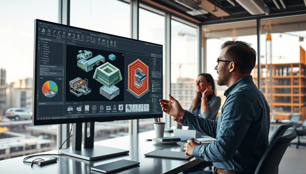 A sleek, modern office setting with a large Revit BIM software interface prominently displayed on a computer screen. The interface showcases various project management tools, 3D modeling capabilities, and collaborative features. In the foreground, a civil engineer examines the software, gesturing enthusiastically. The middle ground features a team of engineers working together, their expressions conveying the benefits of using Revit for efficient project coordination and data management. The background depicts a construction site, with cranes and scaffolding, highlighting how Revit integrates seamlessly with the entire civil engineering workflow. The scene is lit by warm, natural lighting, creating a productive and innovative atmosphere.