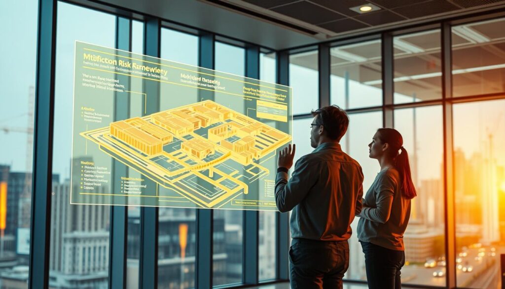 A sleek, modern office with a holographic display showcasing a 3D civil engineering project. The display projects a detailed model, highlighting various risk factors and mitigation strategies. In the foreground, a team of engineers analyzes the model, gesturing and discussing the data. Warm lighting casts a pensive glow, emphasizing the collaborative problem-solving. The background features floor-to-ceiling windows, overlooking a bustling cityscape, underscoring the real-world applications of BIM technology in civil engineering risk management.