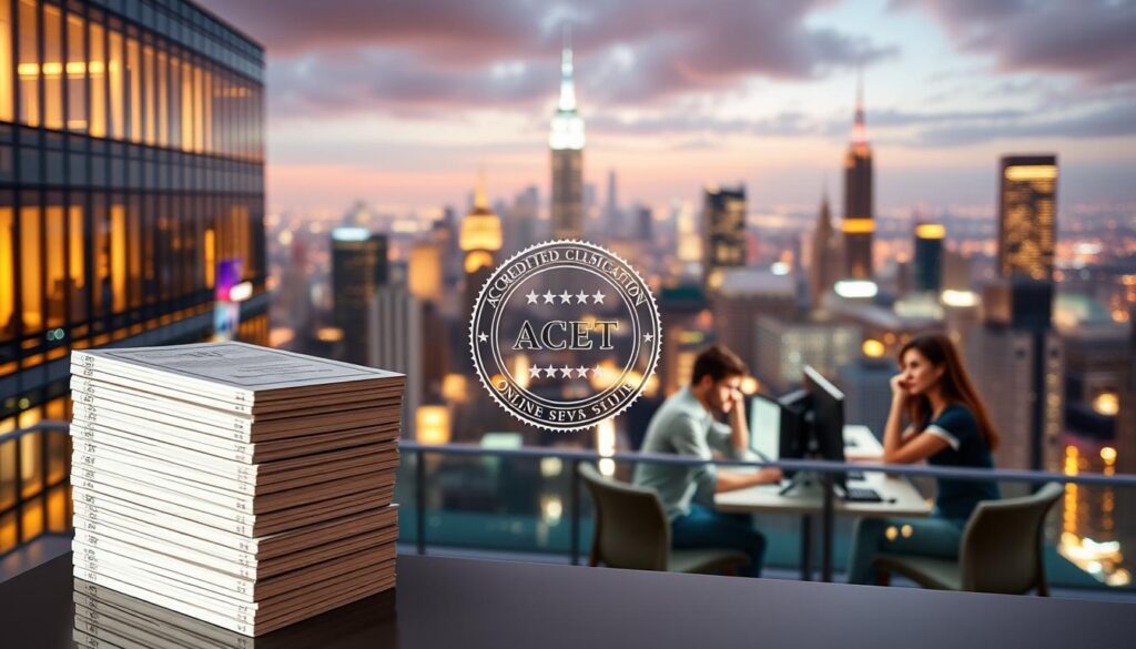 A sleek, modern online university campus emerges from a vibrant cityscape, its gleaming architecture reflecting the latest advancements in digital education. In the foreground, a stack of accreditation certificates stands prominently, signifying the rigorous standards met by these esteemed online engineering programs. The middle ground showcases students engaged in collaborative projects, their faces lit by the glow of computer screens. The background features a panoramic view of the bustling metropolis, symbolizing the global reach and accessibility of these accredited online offerings. Warm, diffused lighting casts a sense of professionalism and authority, while a shallow depth of field draws the viewer's focus to the accreditation seals at the heart of the scene.