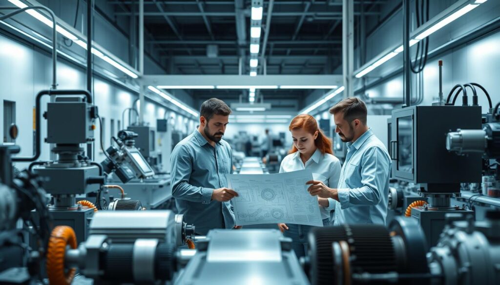A sleek, modern production facility with a focus on process optimization. The foreground features various machinery and equipment, meticulously arranged in a harmonious layout. The middle ground showcases a team of engineers collaborating on a detailed schematic, their expressions focused and determined. The background showcases a panoramic view of the facility, with clean lines, efficient workflows, and a sense of technological sophistication. Soft, directional lighting accentuates the smooth surfaces and precise components, creating a visually striking and immersive scene that embodies the key principles of production engineering.