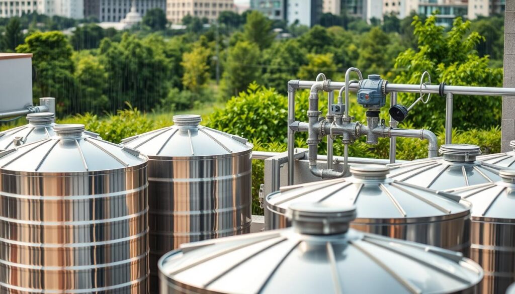 A sleek, modern rainwater harvesting system installed in an urban setting. In the foreground, a series of interconnected storage tanks strategically placed to collect precipitation, their stainless steel surfaces gleaming under diffused natural lighting. In the middle ground, a network of pipes and valves, expertly engineered to divert and distribute the harvested water. The background features a lush, green landscape, showcasing the integration of sustainable water management practices into the urban environment. The overall scene conveys a sense of efficiency, environmental responsibility, and a harmonious blend of technology and nature.