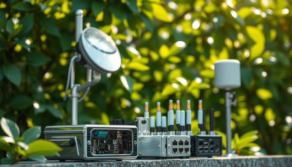 A sleek, modern sensor array set against a backdrop of lush, verdant foliage. The sensors gleam with a metallic sheen, their intricate components visible through a transparent casing. Diffused sunlight filters through the leaves, casting a warm, natural glow on the scene. In the foreground, a compact, weatherproof housing conceals the sensitive electronics, while in the middle ground, a series of antennas and data ports convey the data-gathering capabilities of the system. The overall impression is one of advanced technology seamlessly integrated into the natural environment, reflecting the harmony between human innovation and the natural world.