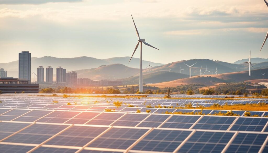 A sleek, modern skyline with a mix of contemporary glass-and-steel buildings and cutting-edge renewable energy infrastructure. In the foreground, a field of solar panels seamlessly integrated into the landscape, their shimmering surfaces catching the warm glow of the sun. In the middle ground, a towering wind turbine stands majestically, its graceful blades spinning in the gentle breeze. In the background, a range of rolling hills is dotted with additional renewable energy installations, creating a harmonious fusion of nature and technology. The scene is bathed in a soft, diffused light, conveying a sense of innovation, sustainability, and a future where renewable energy is fully integrated into the built environment.
