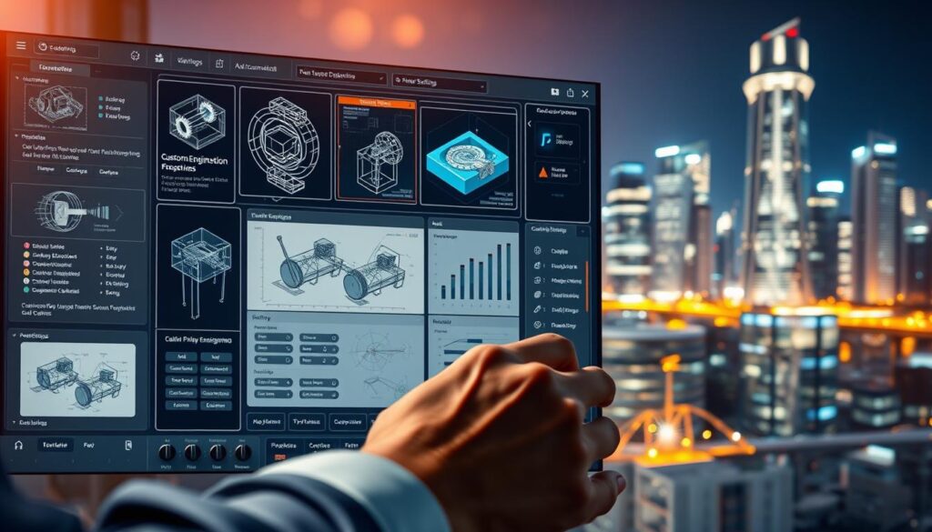 A sleek, modern software interface displaying intricate engineering diagrams and 3D models. In the foreground, a user manipulates design elements with precision, their hands gliding over a tactile input device. The middle ground showcases an array of customizable settings and parameter controls, enabling fine-tuned optimization. In the background, a luminous cityscape reflects the cutting-edge nature of the software, its glass skyscrapers and gleaming infrastructure hinting at the transformative power of custom engineering solutions. Warm lighting bathes the scene, creating a sense of technical sophistication and innovation.